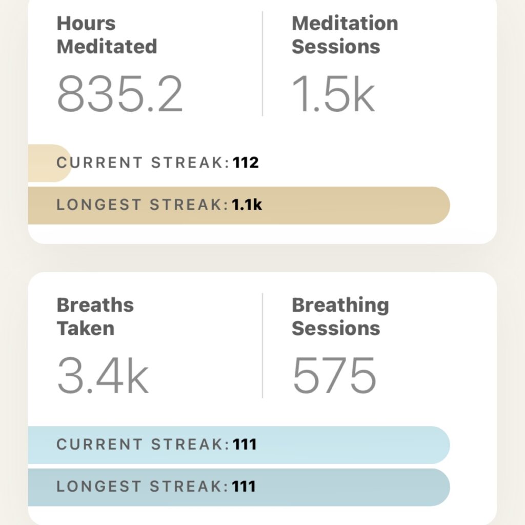 Meditation streak of 112 days and a breathing streak of 111 days. Using the Oak app for iOS.